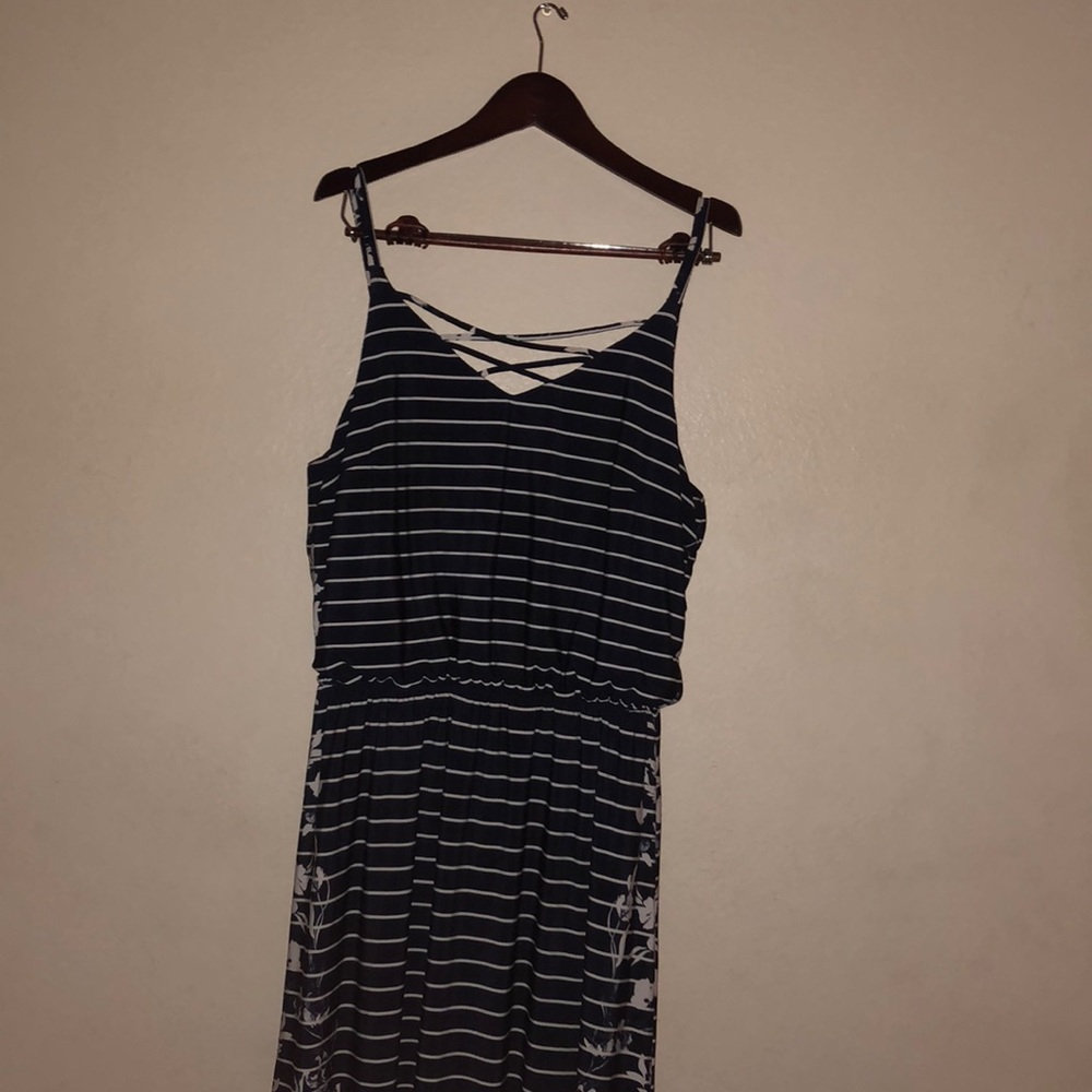 Blue Striped Flower Maxi-Dress